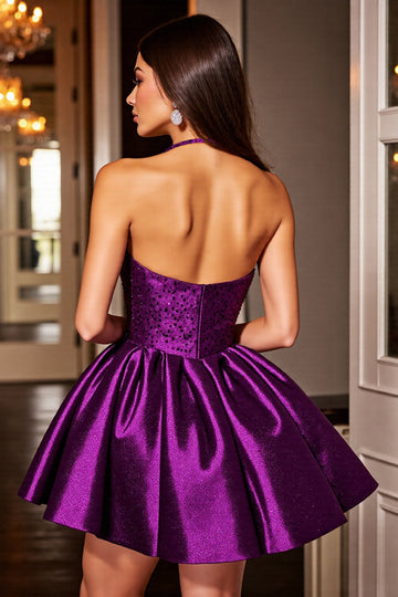Halter Dark Purple A Line Mini Homecoming Dress With Sequins